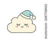 Cute Sleeping Cloud Cartoon. This charming cumulus character embodies peaceful slumber, wearing a soft nightcap. Ideal for children