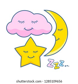 Cute sleeping cloud, star and moon icons set. Sweet childlren vector illustration.