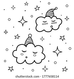 Cute sleeping clouds coloring page. Black and white print with funny characters. Good night background. Vector illustration
