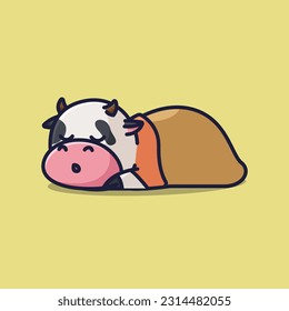 Cute sleeping cow with blanket simple vector illustration