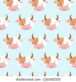 Cute sleeping cow seamless pattern. Funny background for baby and kids design. Vector illustration