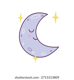 Linda ilustración de luna creciente dormida con estrellas en estilo dibujado a mano