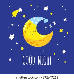 Cute Sleeping Crescent Moon Night Sky Stock Vector (Royalty Free ...