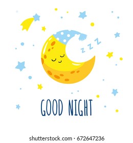 Cute sleeping crescent moon in the sky. Hand-written inscription good night. Vector illustration is suitable for greeting cards, posters and prints on t-shirts.
