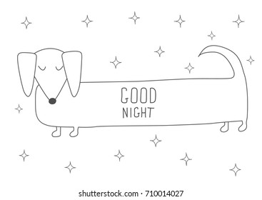 Cute sleeping Dachshund.  Antistress coloring book. Hand drawn elements for your designs dress, poster, card, t-shirt.