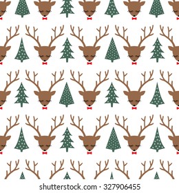 Cute sleeping deers with bows and Xmas Trees seamless pattern on white background. Deer head silhouette background for winter holidays. Winter holiday vector illustration, card.