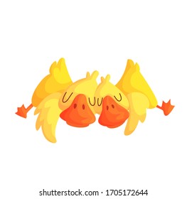 Dibujo vectorial de dos personajes adorables. Dibujo de pájaro doméstico bebé. Diseño de tarjetas románticas.