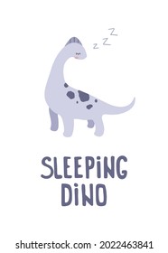 Cute sleeping dino poster. Print for fabric, textile, apparel, nersery, wallart.