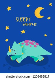 Cute Sleeping Dinosaurus for Poster Print, Baby Greetings Illustration, Dino Invitation, Children Dinosaur Store Flyer, Good Night Brochure, Book Cover in vector