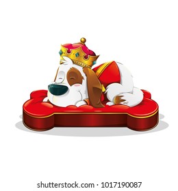 cute sleeping dog dressed as a king with a crown, on a red bone-shaped bed on white background