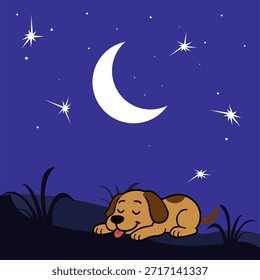 Lindo perro durmiente bajo una luna creciente en un fondo de cielo nocturno tranquilo. Ilustración de dibujos animados minimalista con estrellas y atmósfera pacífica, adecuado para proyectos infantiles, Fondos de pantalla, carteles, historias para dormir y diseños decorativos.