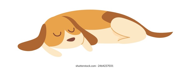 Cute sleeping dog vector illustration isolated on white background. White-ginger puppy with long ears and tail rest on floor. Lying tired pet.