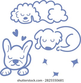 Cute Sleeping Dogs Doodle Collection with Poodle French Bulldog and Different Breeds .Vector Illustration.