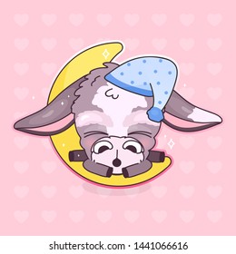 Cute Sleeping Donkey Kawaii Cartoon Vector Character. Adorable And Funny Sleeping Animal In Night Cap Isolated Sticker, Patch. Bedtime, Night Time. Anime Baby Mule, Burro Emoji On Pink Background