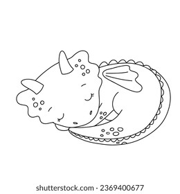 Cute sleeping dragon with flower isolated on white background. Outline vector cartoon character for coloring page. Childish line illustration