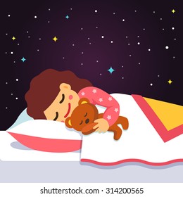 Cute sleeping and dreaming girl with teddy bear under her arm. Vector flat style isolated cartoon illustration.