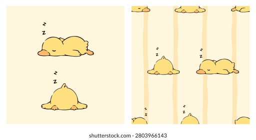 Cute sleeping duck seamless pattern with pastel stripes and cozy napping duckling illustration, adorable nursery bird background for baby fabric, wallpaper and children's products.