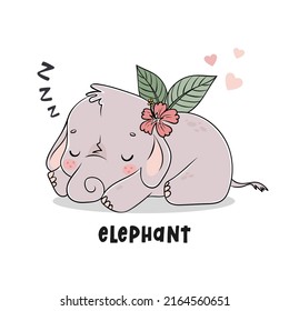 Cute sleeping elephant cartoon vector illustration for posters, T-shirt  print, postcard. Jungle animal in hand drawn style