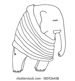 Cute sleeping elephant in a pajamas or pullover. Hand drawn good night monochrome illustration. Isolated on white background