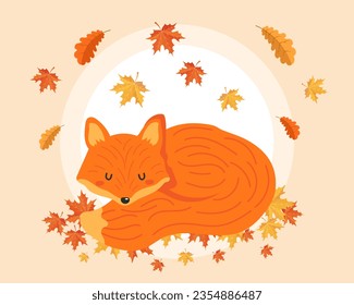 Cute sleeping fox with autumn leaves. Illustration for children, autumn print, vector	
