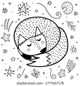 Cute sleeping fox coloring page. Black and white print with funny animals. Good night background. Vector illustration