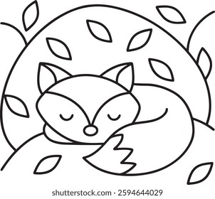 Cute Sleeping Fox Coloring Page – Cozy Forest Burrow Scene with Falling Leaves – Easy And Adorable Animal Illustration for Kids – Fun Printable Art