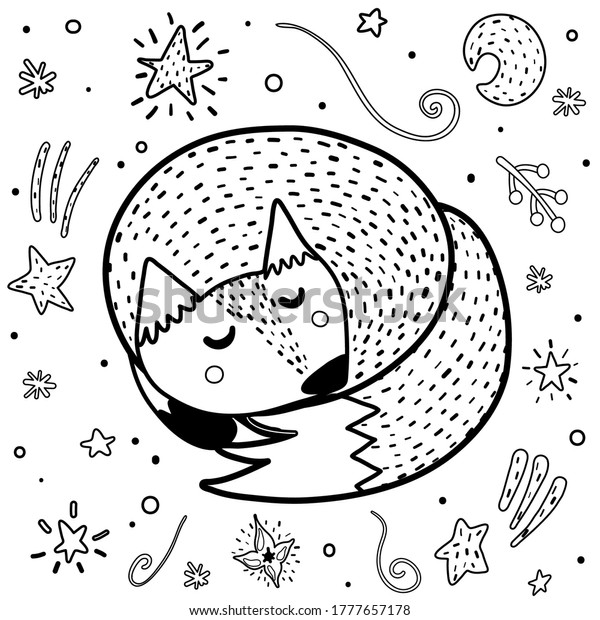 Cute Sleeping Fox Coloring Page Black Stock Vector (Royalty Free ...