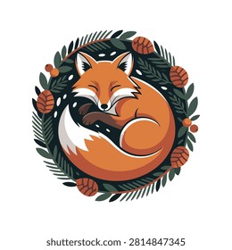 Cute Sleeping Fox Curled Up in Pine Branch Wreath Vector