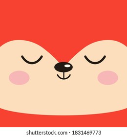 Cute sleeping fox face poster. Orange sleepy fox animal head kids background. Flat design cartoon style vector illustration. 