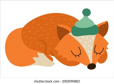 Cute sleeping fox in green hat. Vector autumn character isolated on white background. Fall season woodland animal icon for print, postcard.  Funny forest or Thanksgiving Day illustration