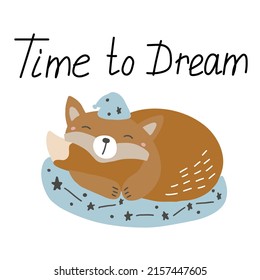 Cute sleeping fox on a pillow. Vector illustration isolated on white background for nursery and textile decoration