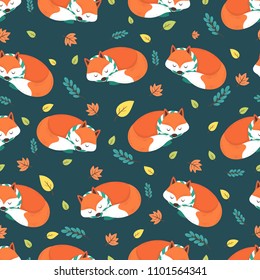 Cute sleeping fox seamless pattern background