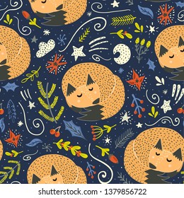 Cute sleeping fox seamless pattern. Vector illustration