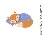 Cute Sleeping Fox Vector Illustration in Scandinavian Style, Nursery Bedtime Animal Clipart, Flat Minimalist Fox with Blanket for Kids Room