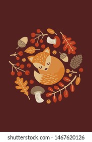 Cute sleeping fox vector illustration. Forest animal and plant image. Autumn foliage. 