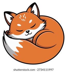 Cute sleeping fox vector illustration. Orange woodland animal curled up for a nap. Isolated cartoon character for nursery, logo, or autumn design.