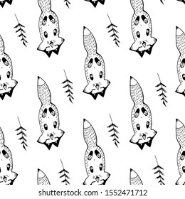 cute sleeping foxes in black and white. minimalistic stylized animals in the Scandinavian style. Autumn or winter illustration for seamless wallpaper, pattern on bedding, cards and other graphic