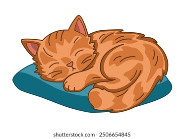 Lindo gato de jengibre durmiente en la Ilustración vectorial del cojín del animal doméstico, aislado en el fondo blanco, elemento de diseño decorativo,