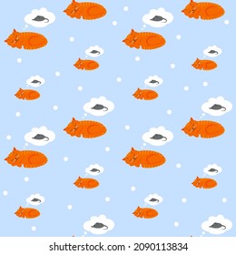 Cute sleeping ginger cat is thinking about a mouse. Flat vector seamless pattern on blue background.