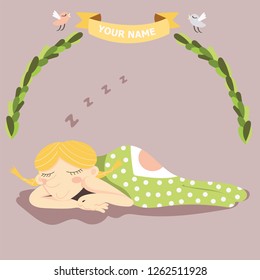 Cute sleeping girl in cartoon style. You can insert your text. Leaf frame. Birds. Pastel colors.