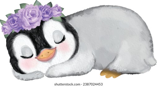 Cute Sleeping Girl Penguin with Purple flowers on her head, watercolor image for a baby shower, birthday or baby decor