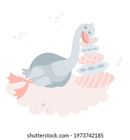 Cute sleeping goose on cloud. Baby goose dreaming on pillows. Flat vector illustration for kids.