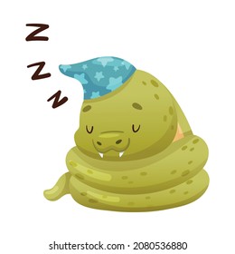 Cute sleeping green snake. Funny wild reptile baby animal cartoon vector illustration