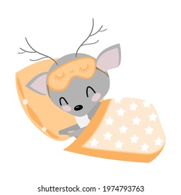  
cute sleeping grey fawn on pillow with blanket on the white background