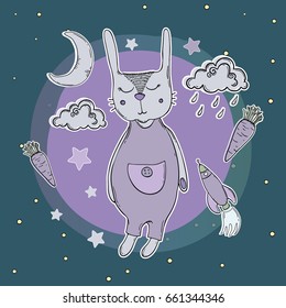 Cute sleeping hare, rockets, clouds of the moon and stars, carrots, cartoon hand drawn vector illustration. Can be used  fashion printing design, kids clothes and invitation card.