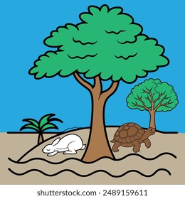 a cute sleeping hare and a tortoise under the tree landscape vector art flat design background image illustrations