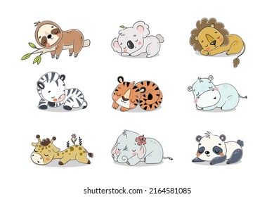 Cute sleeping jungle animals cartoon vector illustrations for posters  T  shirt  print  postcard  Collection in hand drawn style