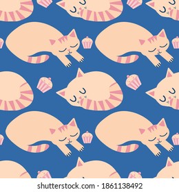 Cute sleeping kawaii cats with cupcakes vector seamless pattern background. Pink blue backdrop with curled up sleepy cartoon kitties. Hand drawn illustration. Monochrome pet design. All over print