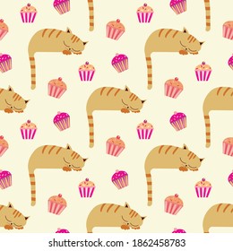 Cute sleeping kawaii ginger cats with cupcakes. Vector seamless pattern background. Backdrop with curled up cartoon kitties, dangling tails and muffins.. Hand drawn fun pet all over print for kids.