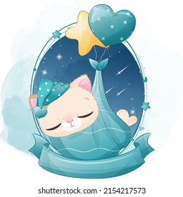 Cute Sleeping Kitten Illustration For Baby Boy